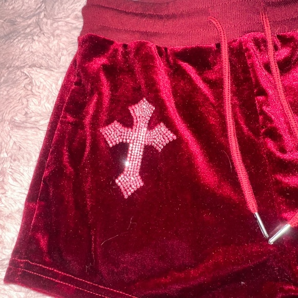 Red Velvet Shorts with two Strings and Bedazzled Cross - Picture 4 of 5